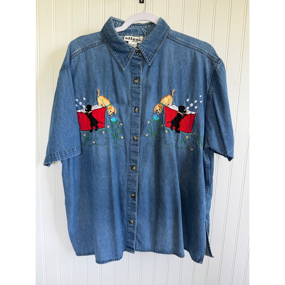 Vintage Embroidered Denim Top 1X Dog Lab Short Sleeve Button Down Granny Chic